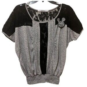 DISNEY PARKS Women's Black/Gray Embellished Mickey Lace Dolman Sleeve Top Medium